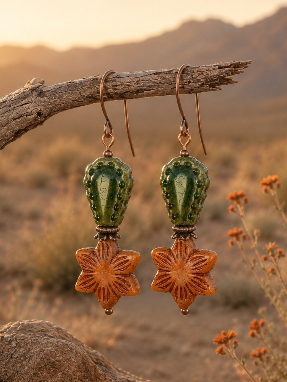 Cactus Flower Earrings Desert Bloom Green Orange Dangles Hand Crafted